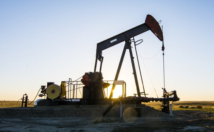 A pump jack at an oil well in Southern Alberta.