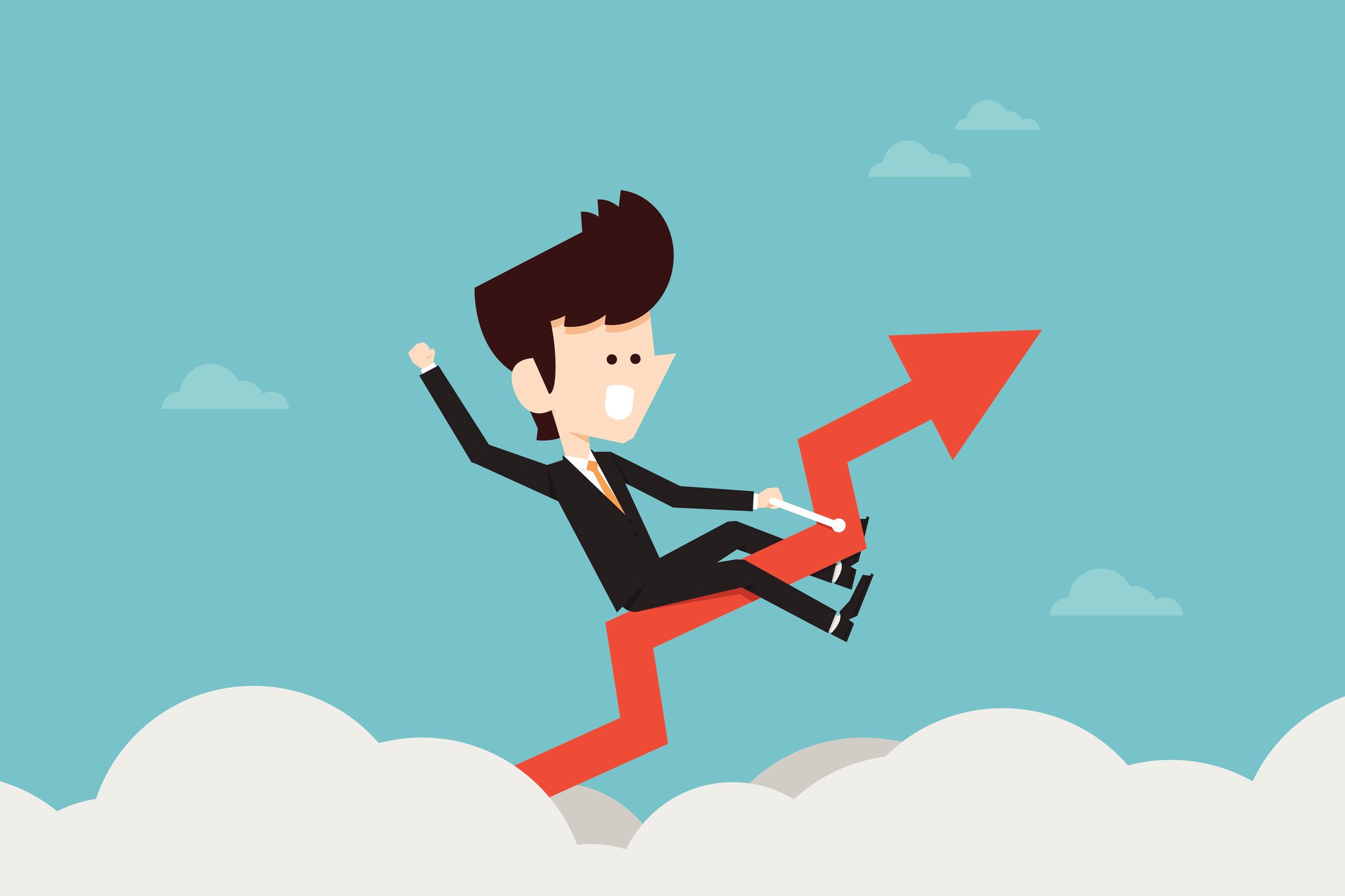 Cartoon of a business person riding a stock chart high above the clouds