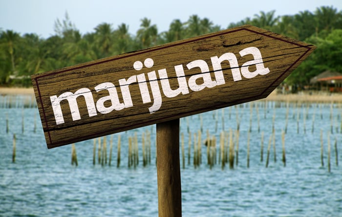 Wooden marijuana sign in front of water 