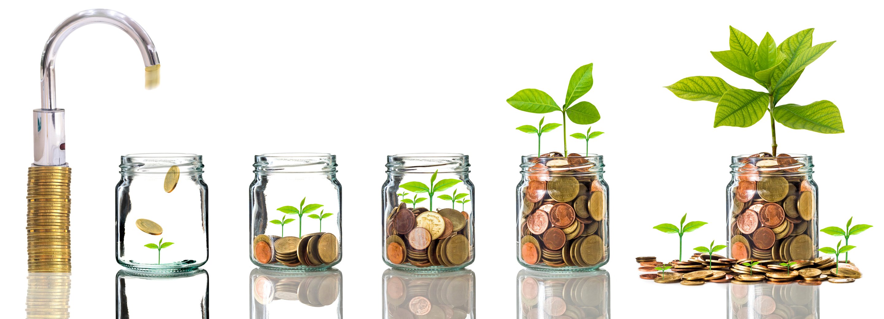 Faucet next to jars containing coins and plants