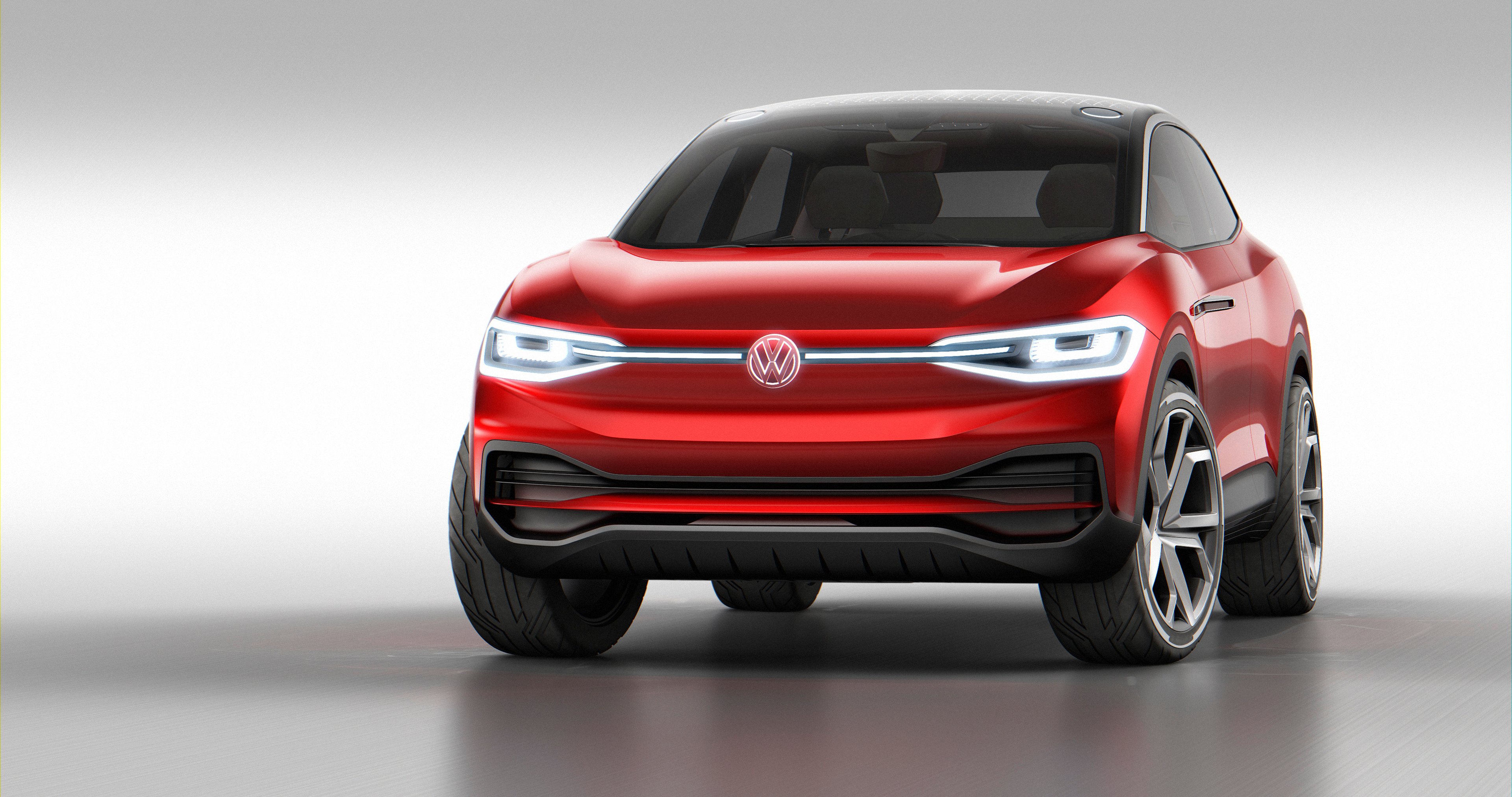 The VW I.D. Crozz II concept, a red SUV, viewed from the front. 
