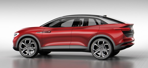 The I.D. Crozz II, a sporty red SUV with a curved roof and large wheels, shown from the side.