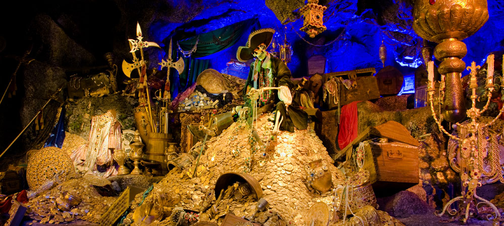 Part of Disney's Pirates of the Caribbean ride showing a mountain of treasure.