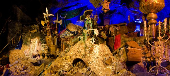 Part of Disney's Pirates of the Caribbean ride showing a mountain of treasure.