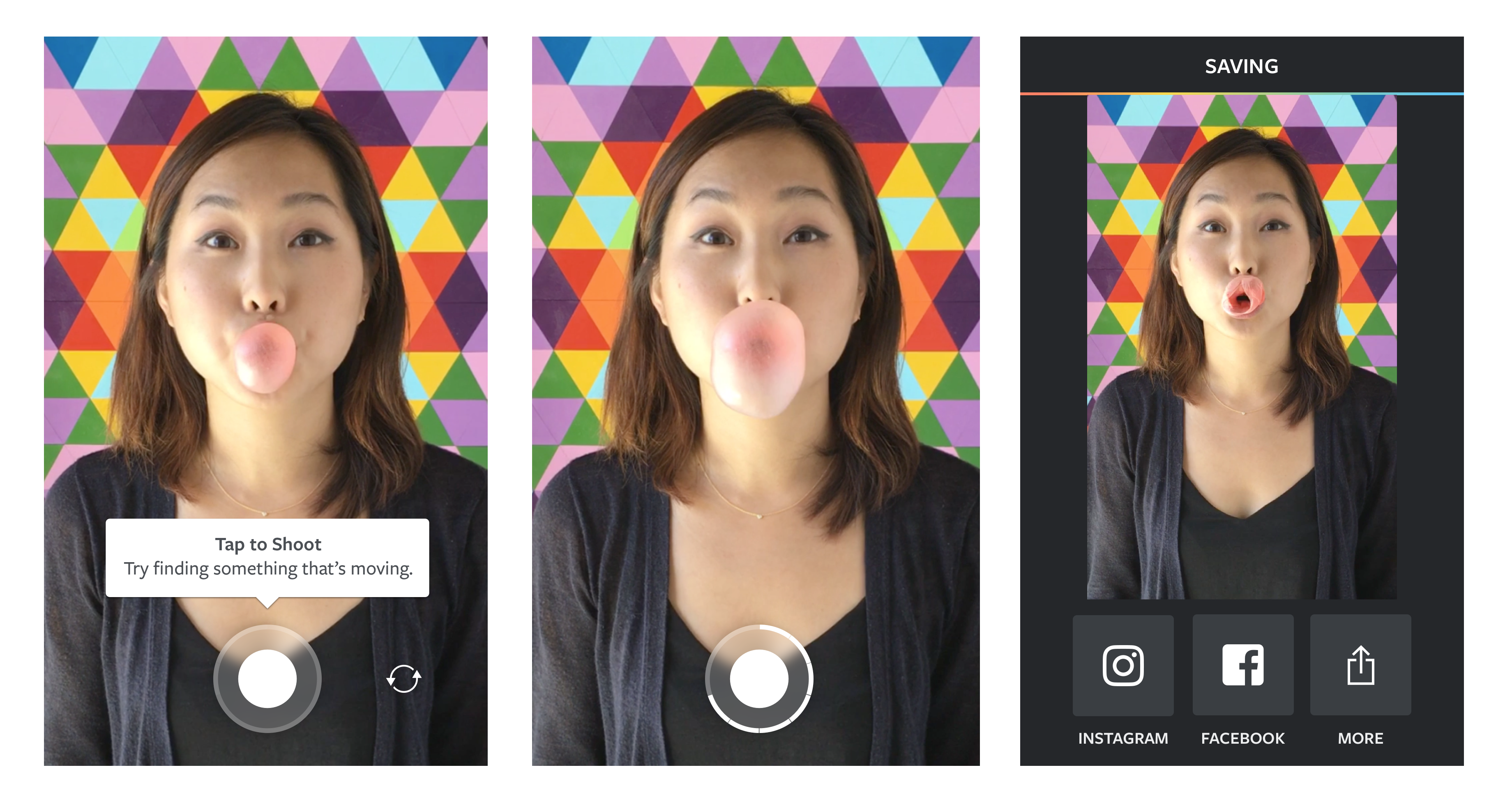 Three images of a young woman blowing and popping a bubble gum bubble.