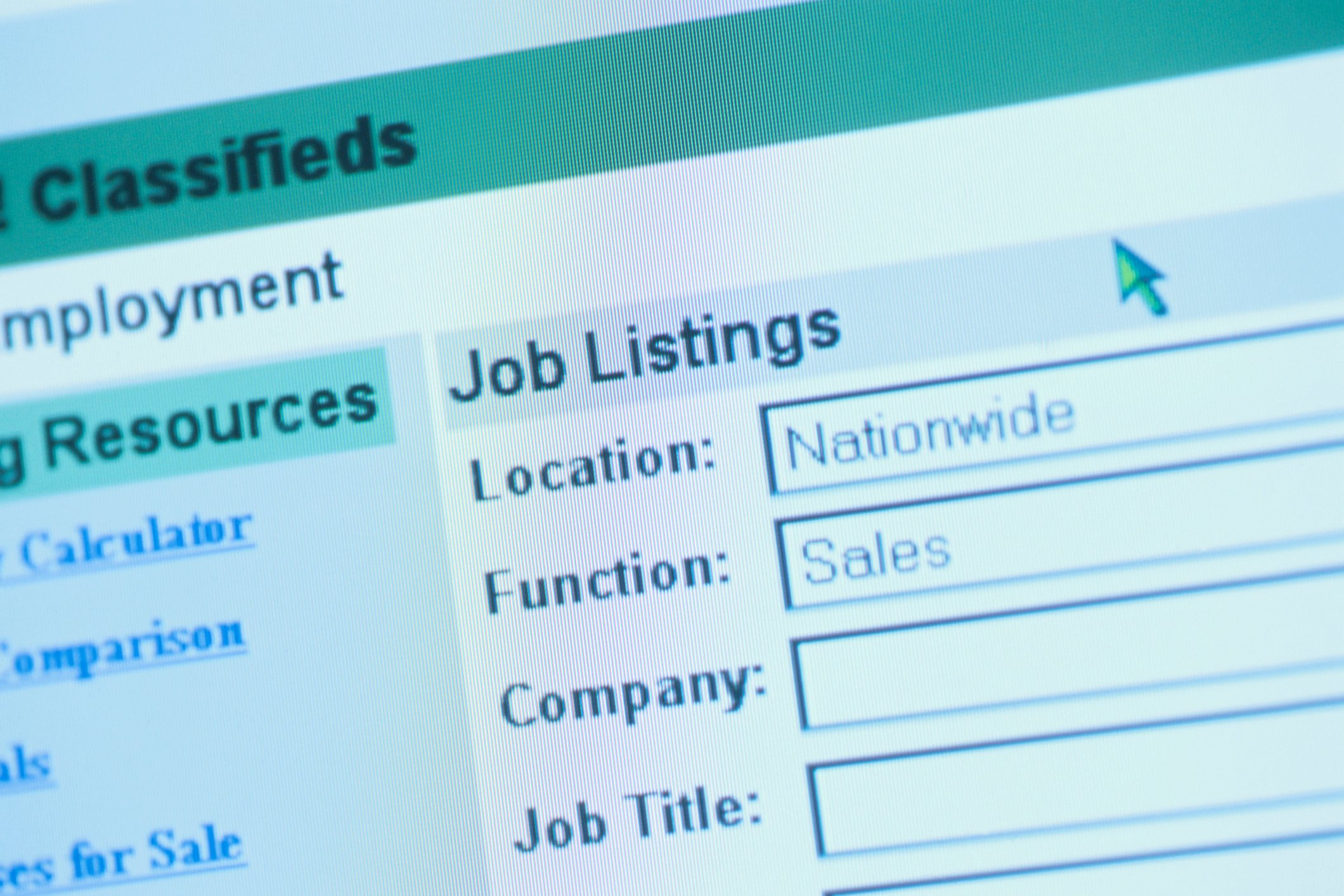 Online job listings search screen
