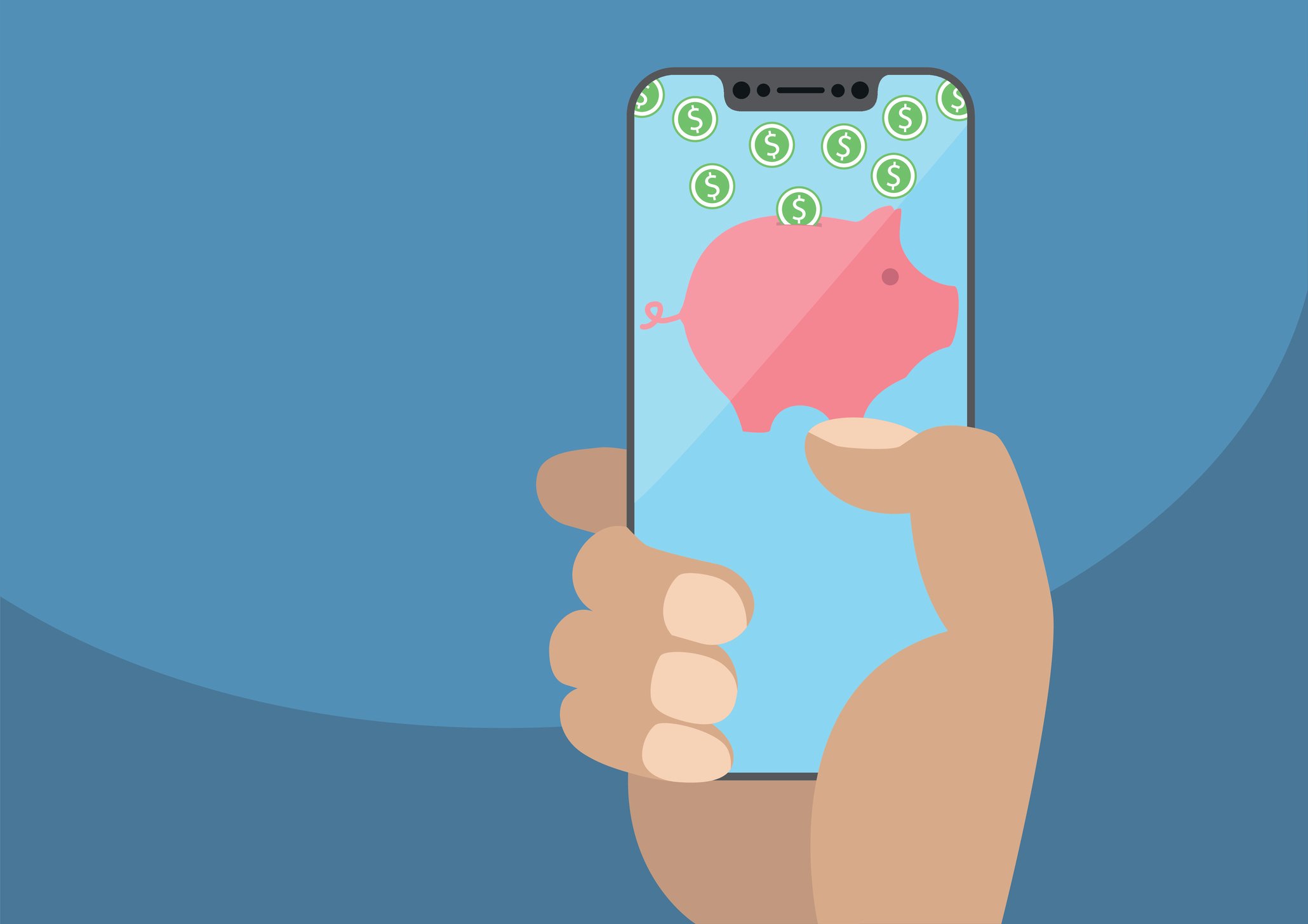 A hand holding a smartphone displaying a piggy bank with cash.