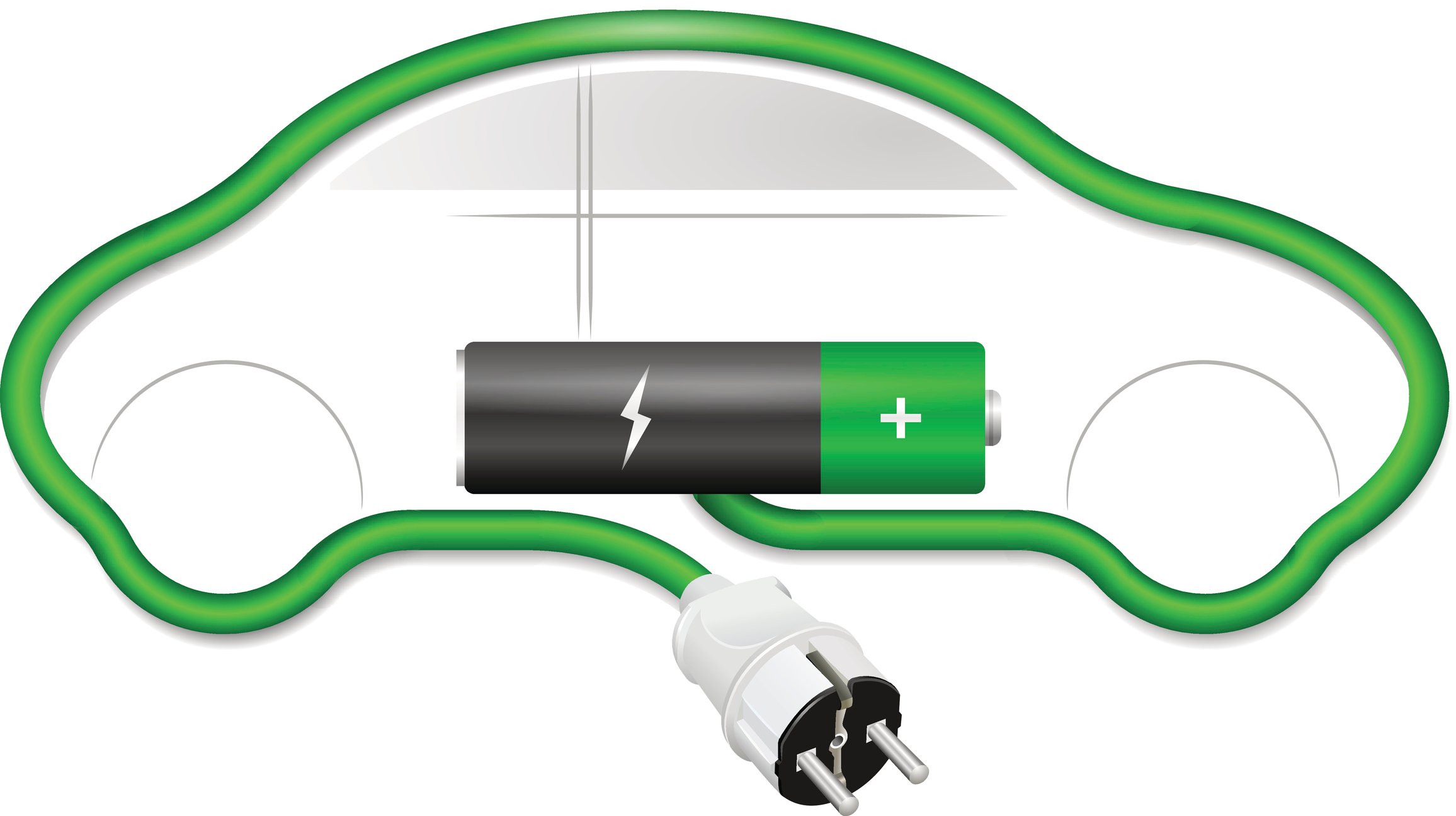 An electrical charging cord outlines the shape of a car. A battery is shown in the car and attached to one end of the cord. Concept for electric cars. 