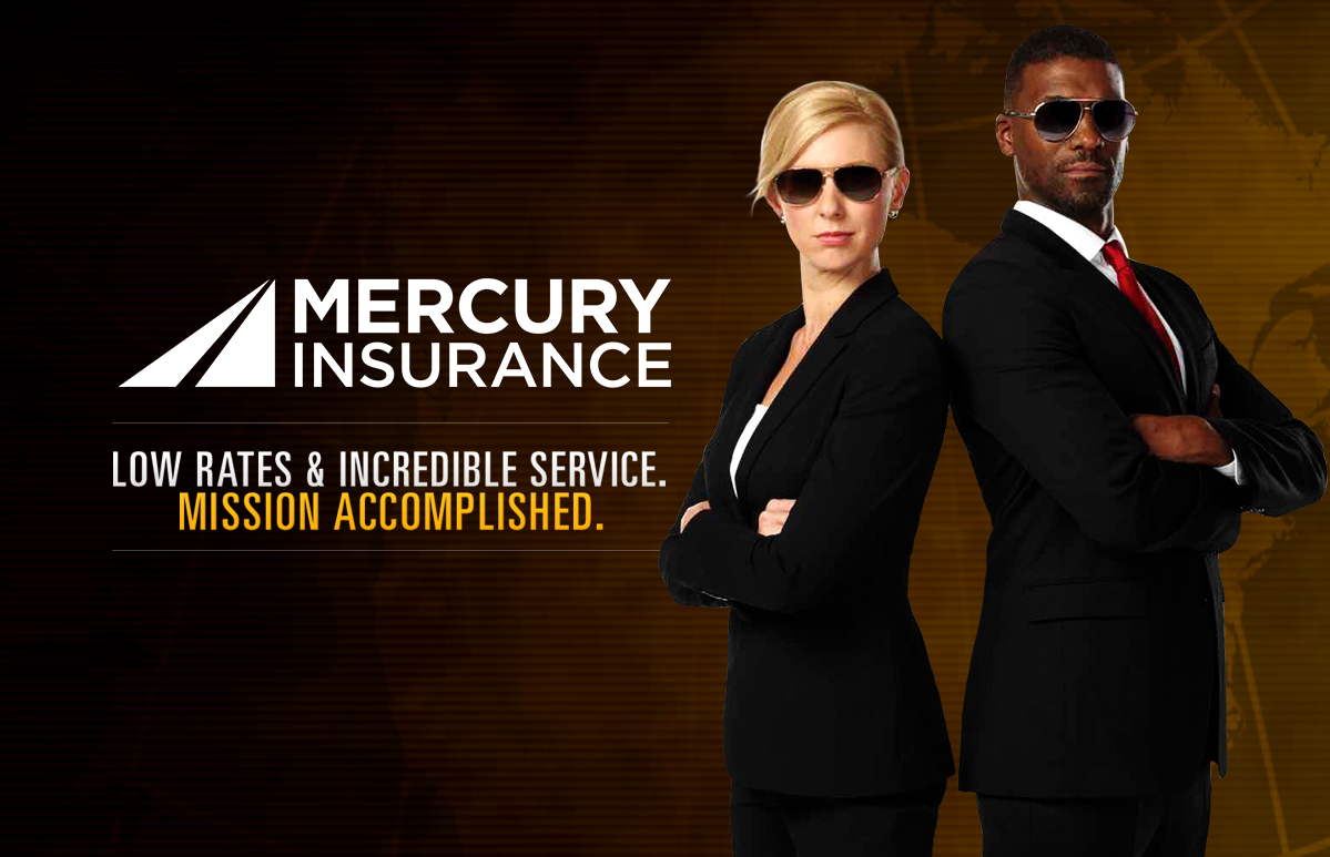 Two people in black suits with sunglasses and stern looks, with Mercury Insurance logo.