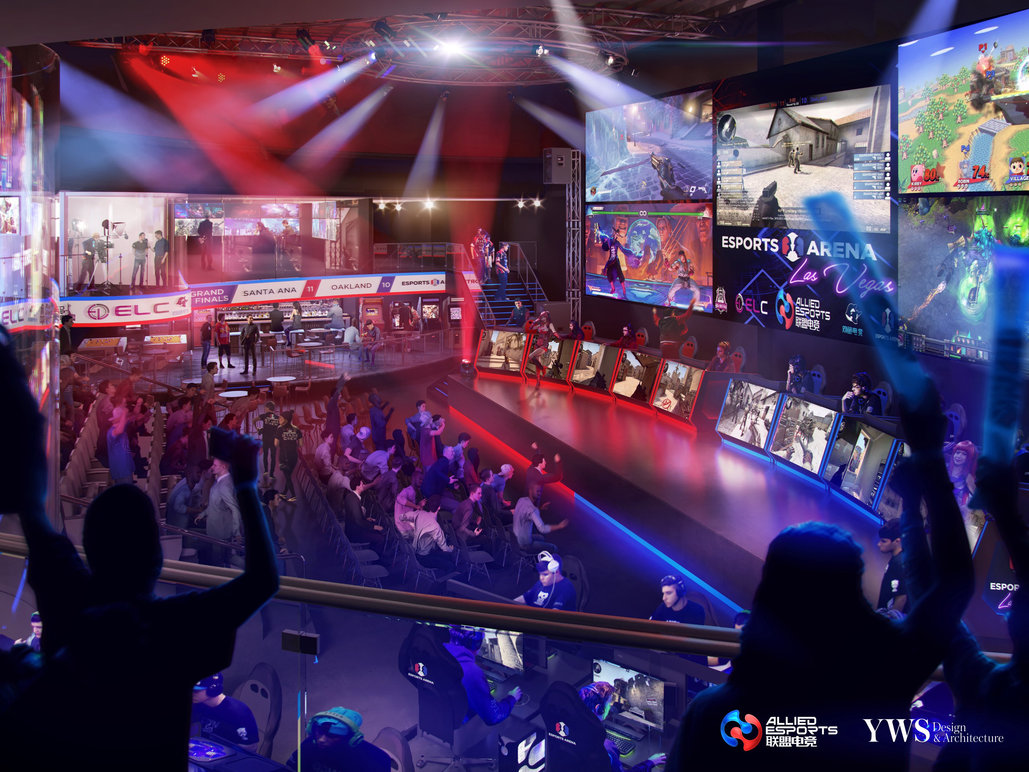 Rendering of MGM's esports arena with giant screens and seats for viewers.