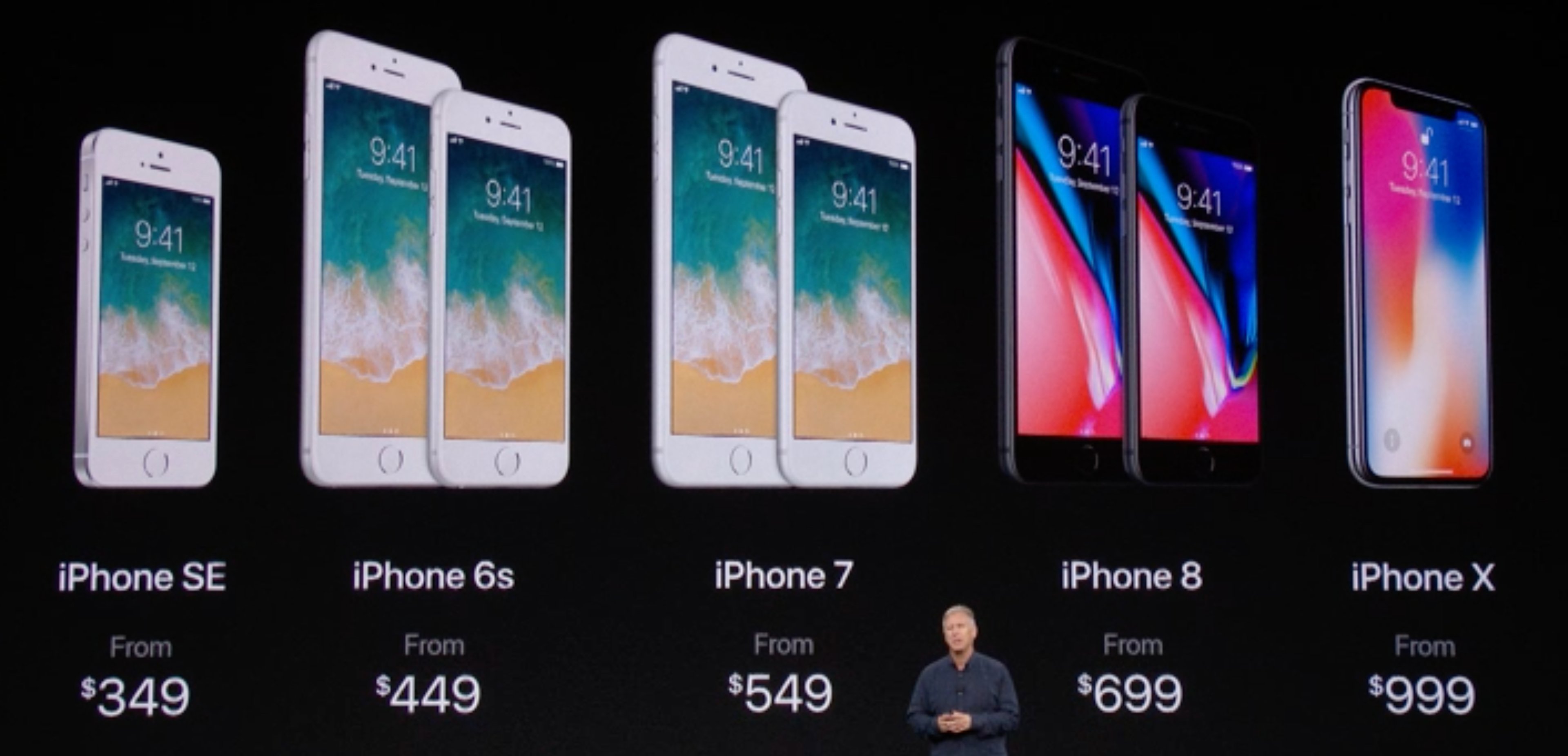 Marketing chief Phil Schiller on stage in front of the new iPhone lineup