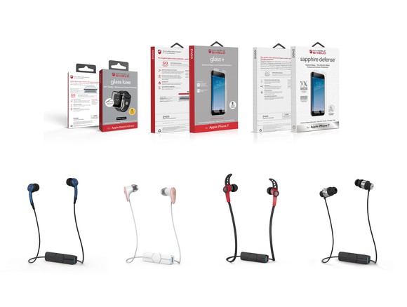 ZAGG screen protectors and iFrogz wireless headphones.