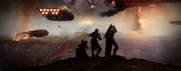 Three characters in "Destiny 2" overlooking a landscape with spaceships flying in the background.