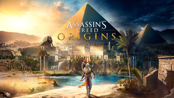 Ubisoft's "Assassin's Creed" game art depicting Egyptian landscape with pyramids and palm trees and a hooded figure walking in the foreground.