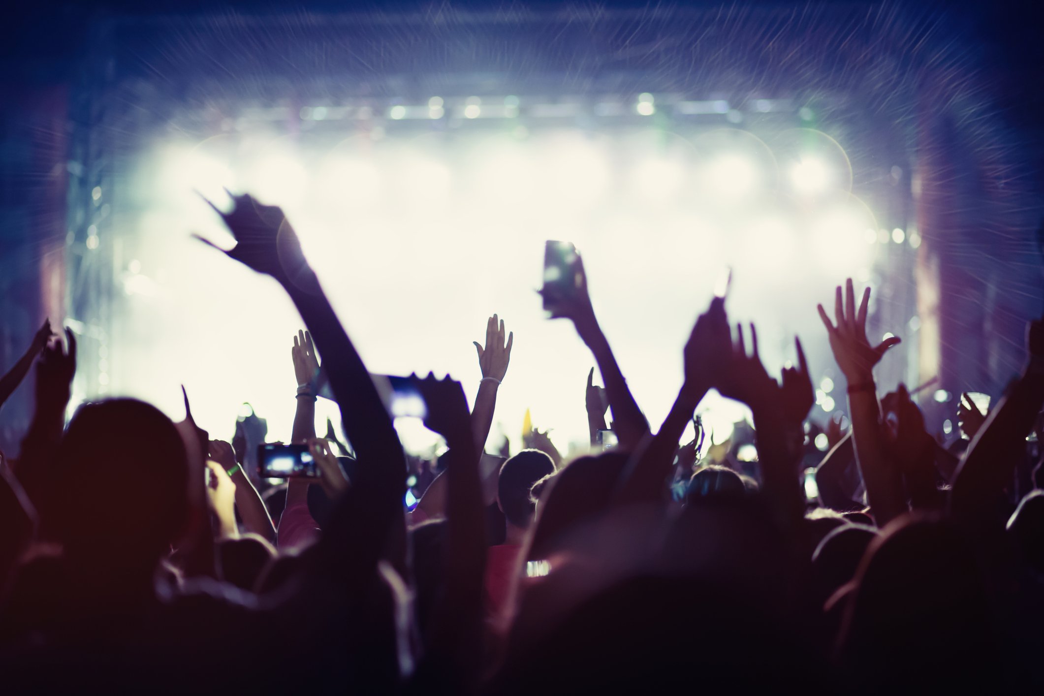 Fans at a concert put their hands in the air.