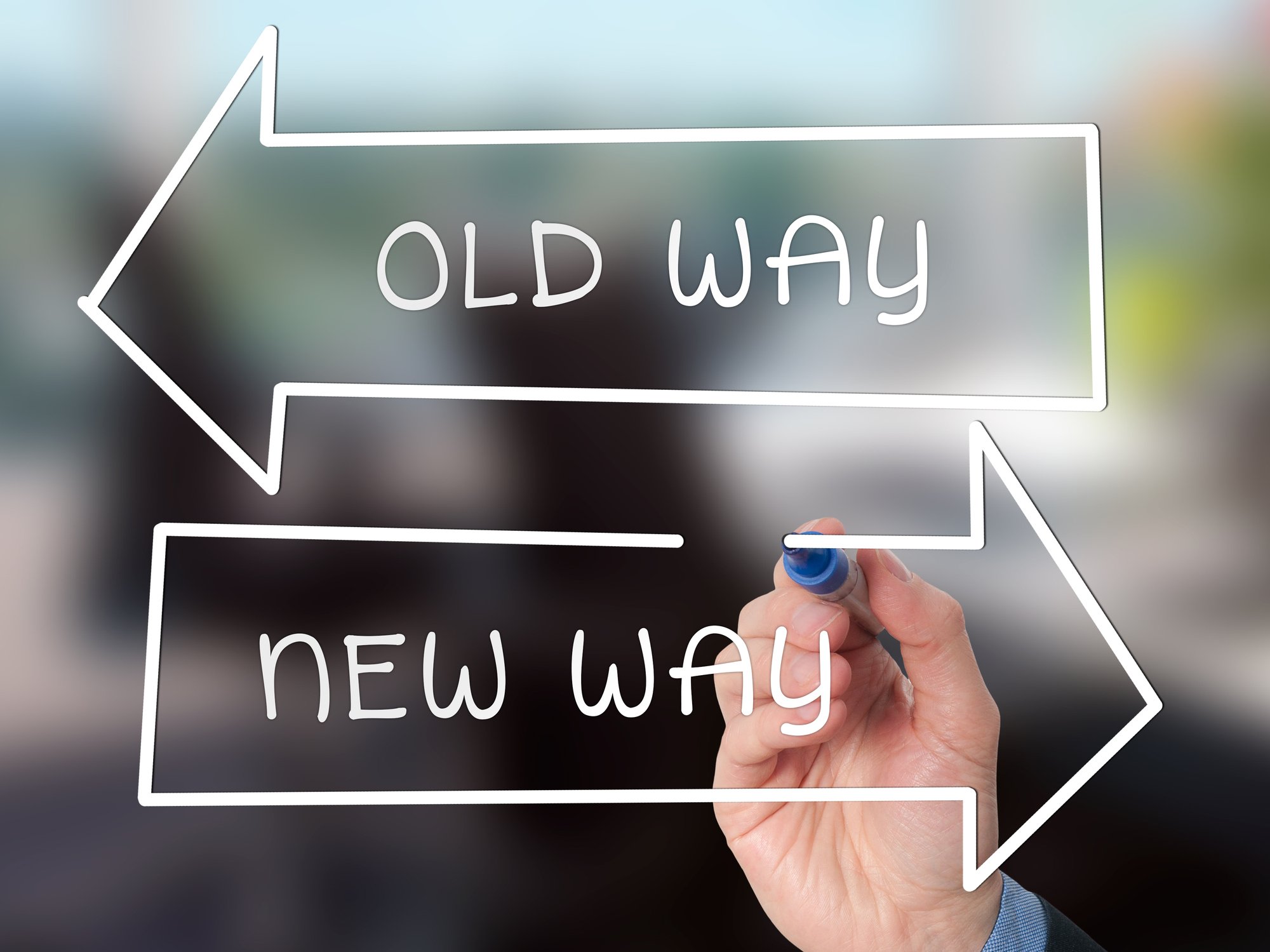 Two arrows pointing in opposite directions. One arrow is labeled "old way," the other one "new way."