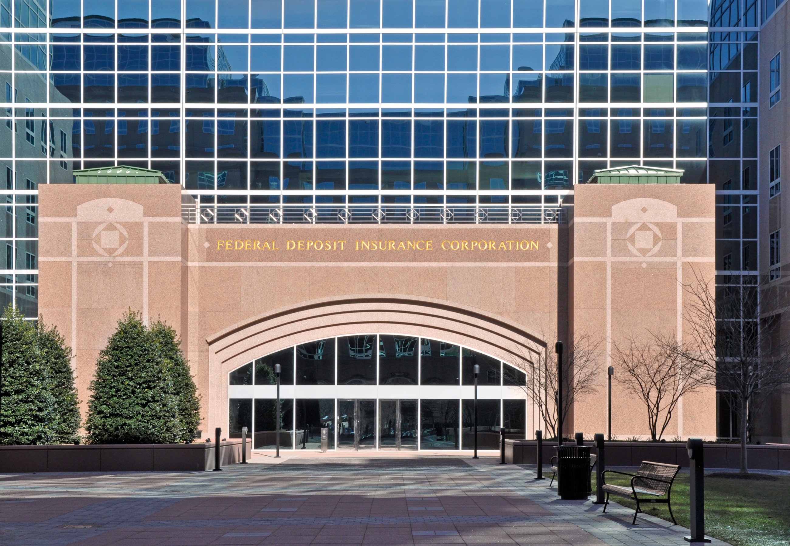 An entrance to the FDIC headquarters.
