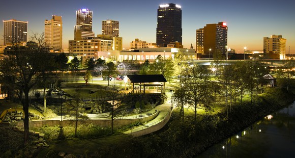 Downtown Little Rock, Arkansas at night.