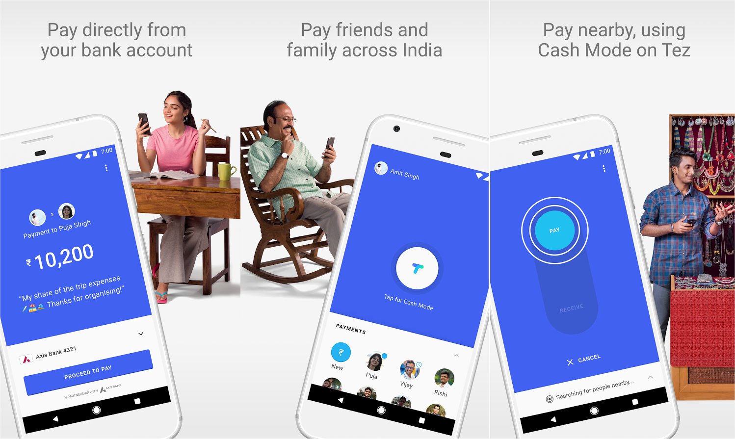 Advertisement for Tez's mobile app, showing phone screens and people using their phones.