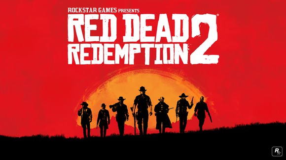Take Two's Red Dead Redemption 2 game art depicting cowboy characters holding guns and walking against a sunset background.