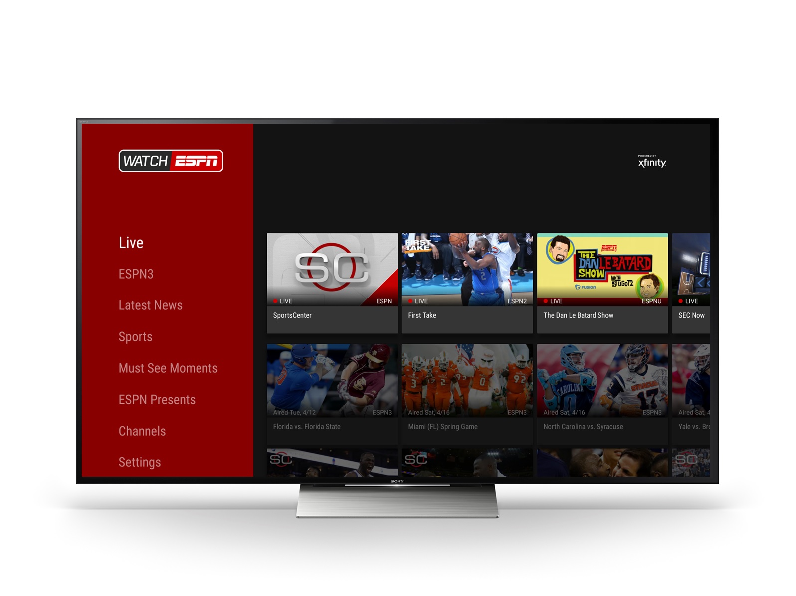 Watch ESPN landing page on Android TV.