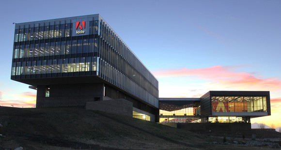 Adobe office in Utah with a beautiful sunset in the background.