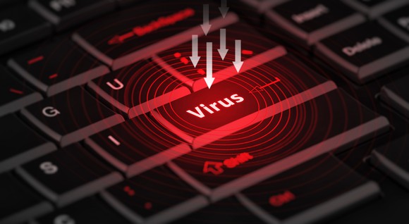 Arrows point to a computer key labeled "virus."