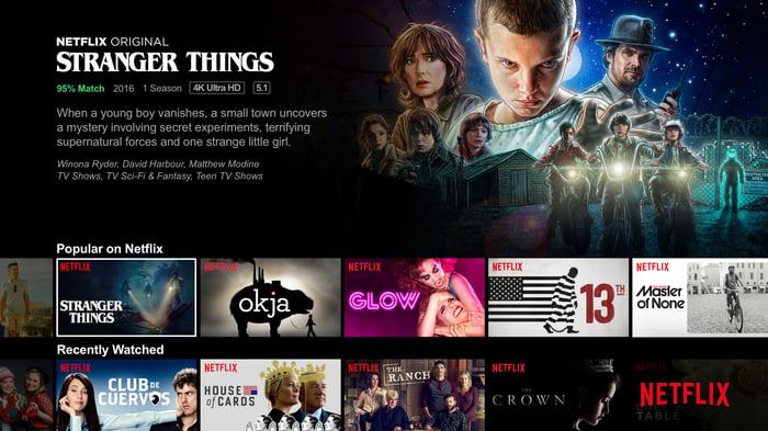 The Netflix home screen showing Stranger Things in the top spot