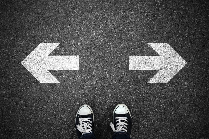 Sneakers in front of left and right arrows drawn on ground