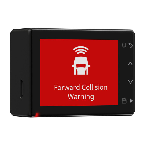A Garmin dash cam flashing a collision warning.