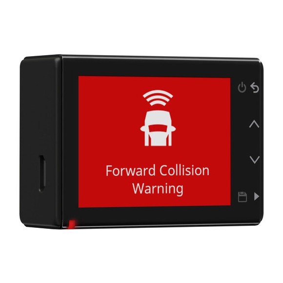 A Garmin dash cam flashing a collision warning.