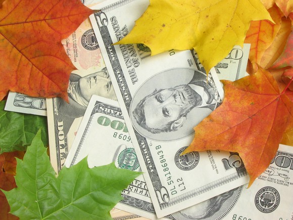 Five, 20, and 100-dollar bills scattered among fall leaves