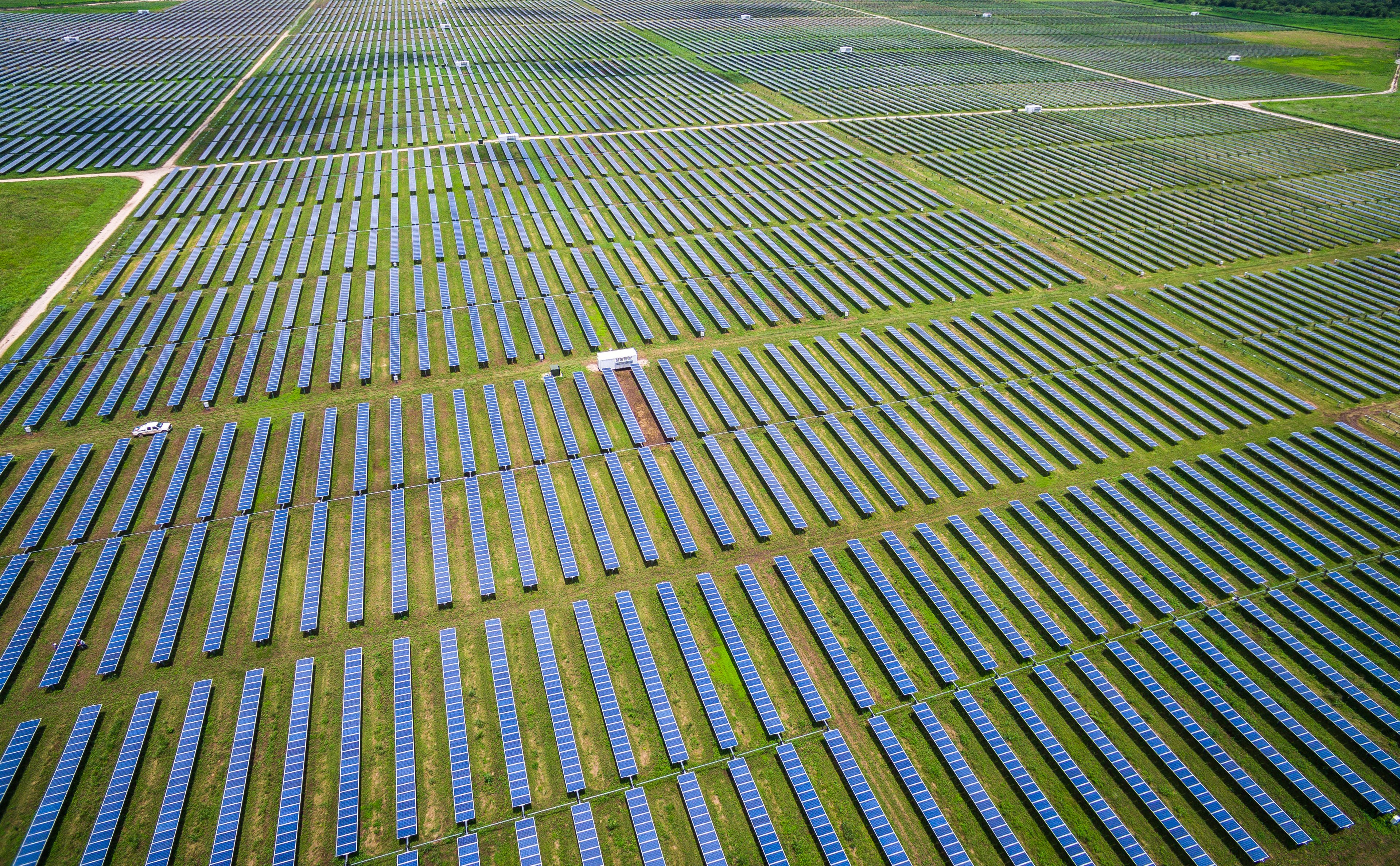 Hundreds of solar panels installed in a large field outside Austin, Texas.