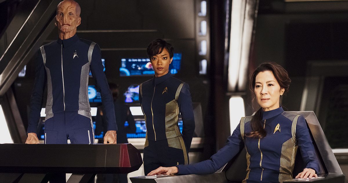 The cast of "Star Trek: Discovery" on the show set.