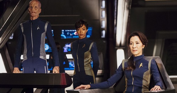 The cast of "Star Trek: Discovery" on the show set.