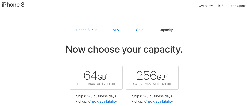 A pre-order screen from Sept. 25 showing availability to ship new iPhone 8 Plus orders in as little as a day.