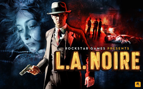Take Two's original "L.A. Noire" game box art with a detective dressed in 1940s-style attire holding a gun, with a crime scene in the background. 