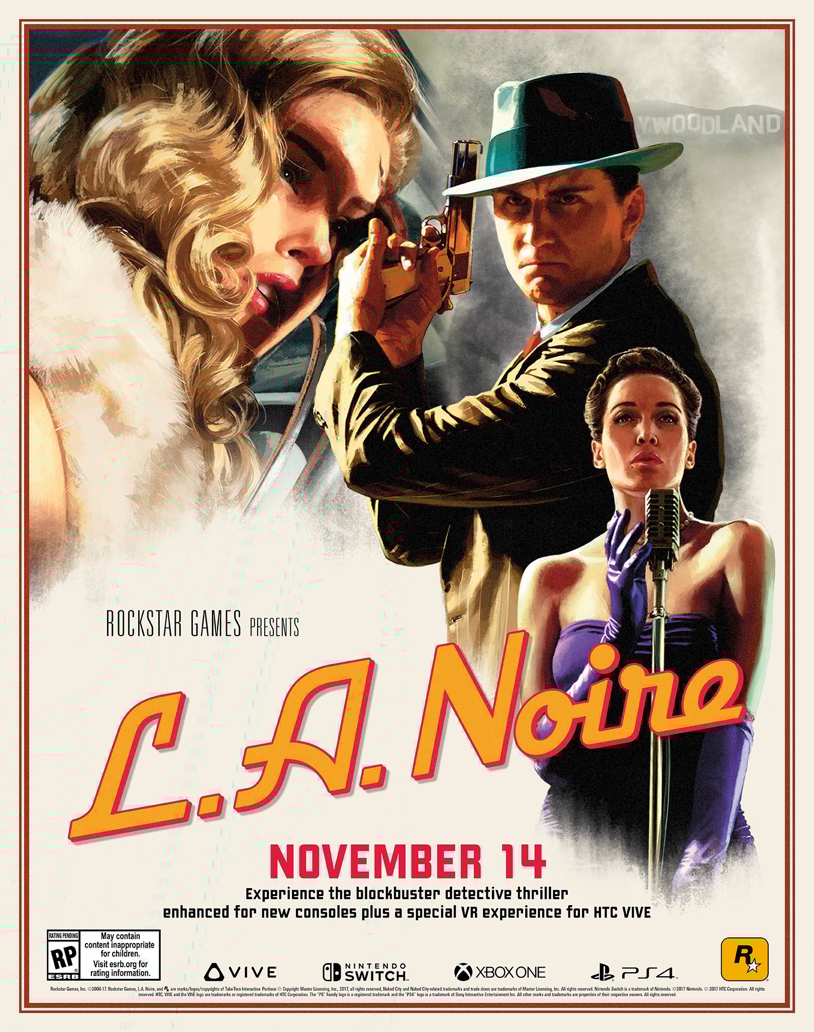 "L.A. Noire" game poster featuring a detective holding a gun and two other characters, all wearing 1940s attire.
