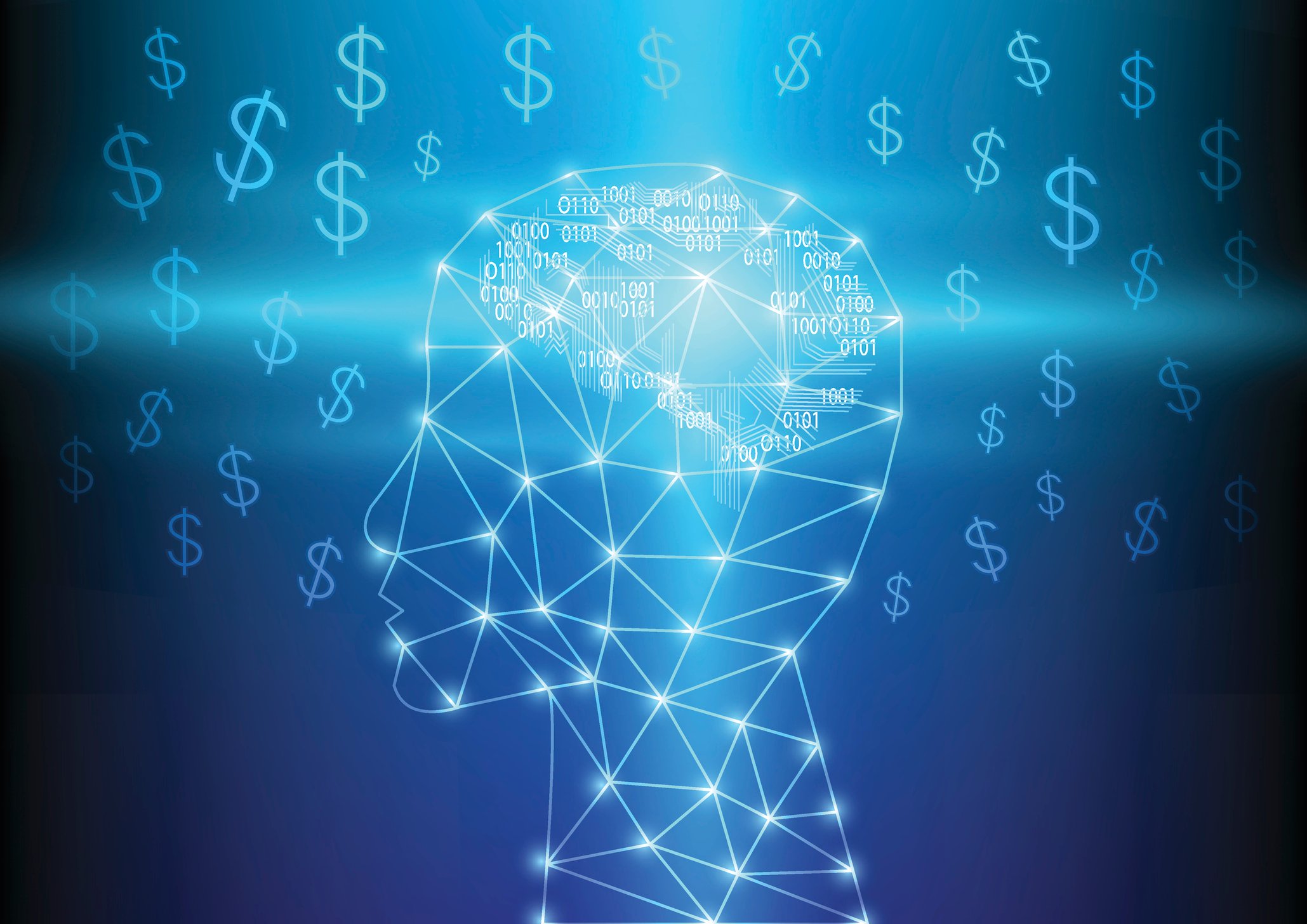 Network of lights in shape of human head surrounded by dollar signs