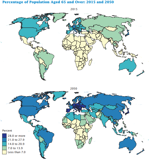 Percent of population age 65+ in 2015 and 2050 maps