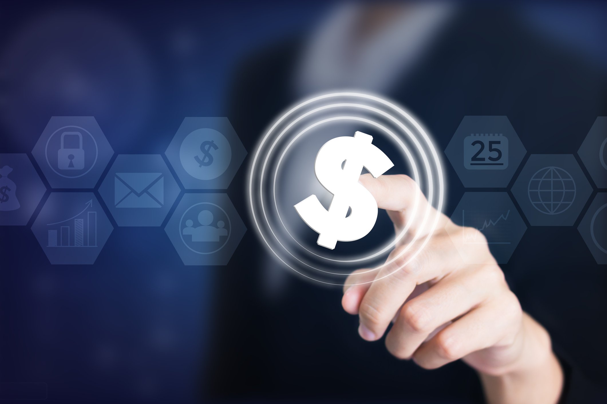 A finger pushes on a digital dollar sign.