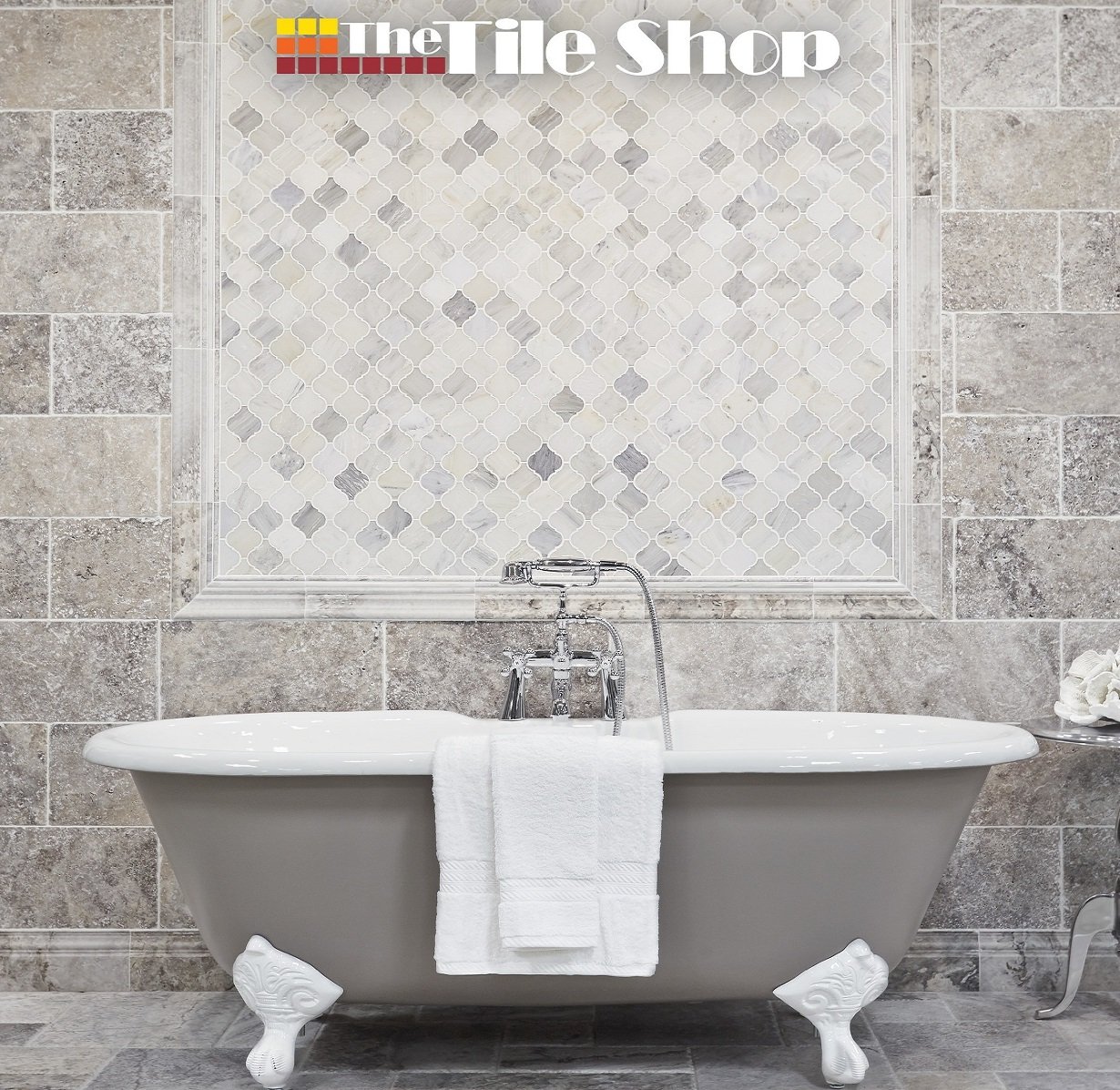 Tile Shop catalog cover featuring bathroom wall and tub.