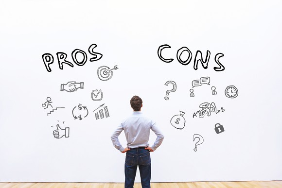 A man, seen from behind and with hands on hips, stares at a white wall. To one side is the word "Pros," and to the other "Cons," with illustrations of types of pros and cons below each word.