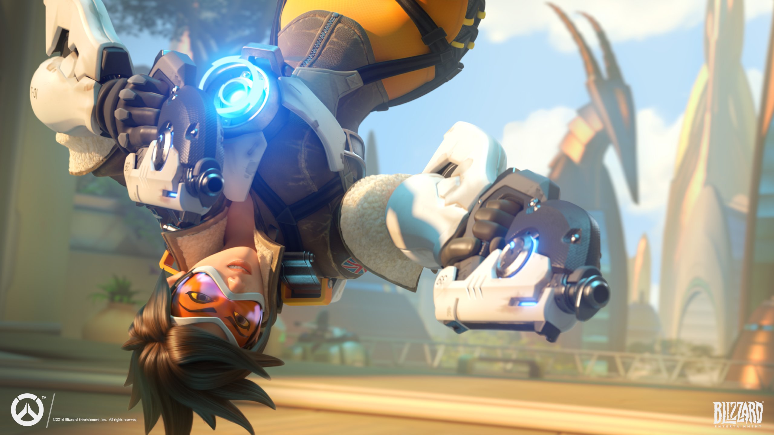 A character from Activision Blizzard's "Overwatch" flipping through the air and holding guns.