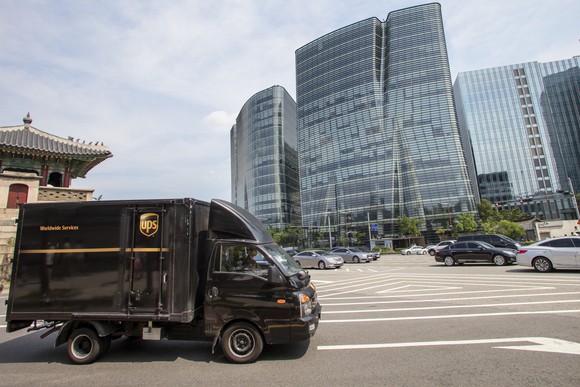 A UPS truck is parked outside an office building