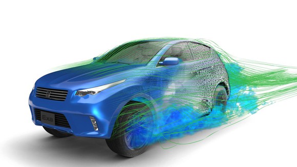 A graphic showing Exa's aerodynamic optimization solution on a vehicle.