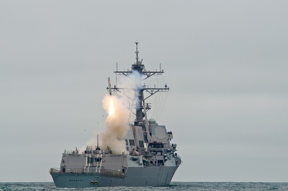 A Raytheon Tomahawk missile is launched from the USS Sterett.