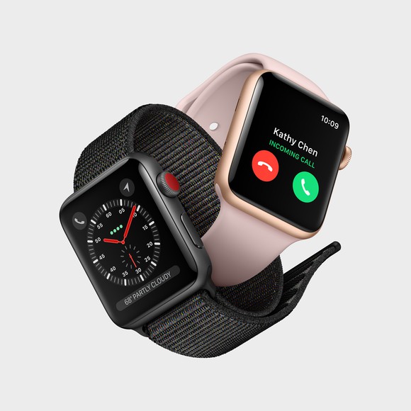 Two models of Apple Watch interlinked by their bands. 