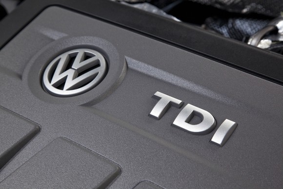 A Volkswagen 2.0 liter "TDI" turbo-diesel engine of the type implicated in its global emissions-cheating scandal.