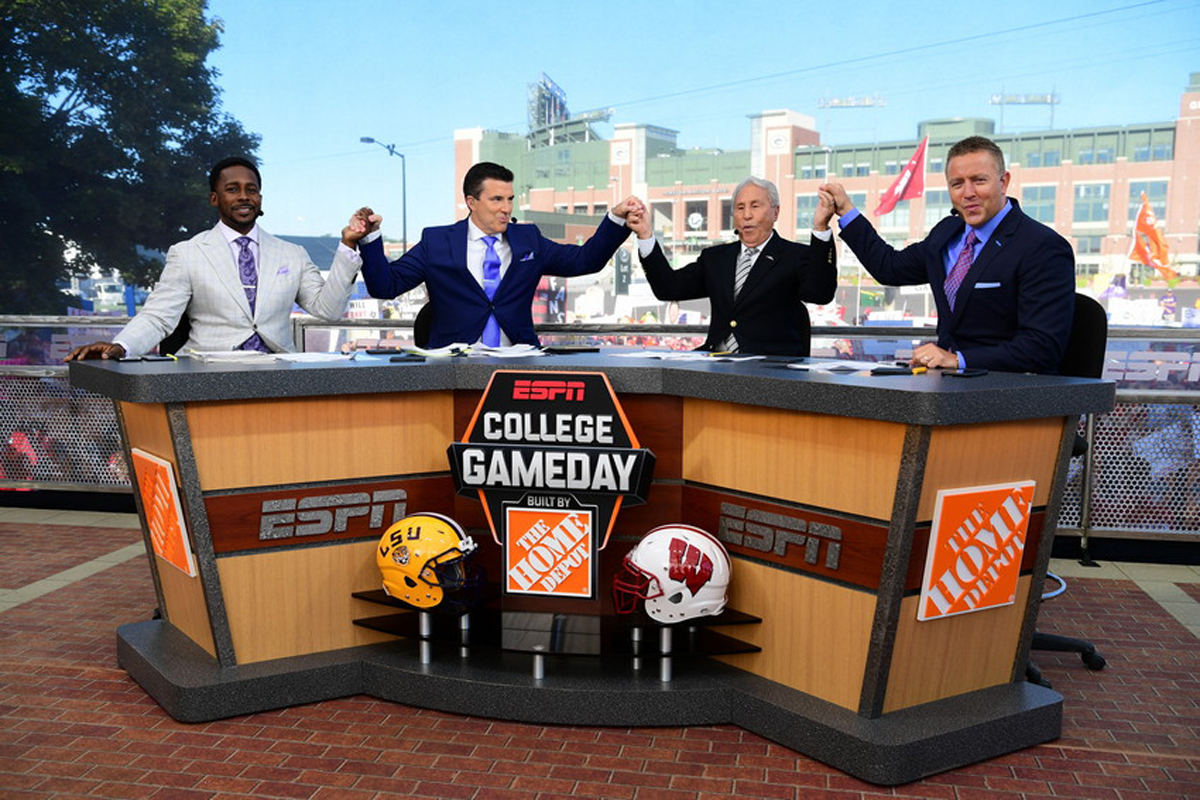 The cast of College Gameday on set.